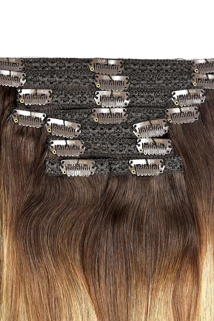 Double Wefted Full Head Clip In Hair Extensions - Chestnut Honey Balayage - Image 2
