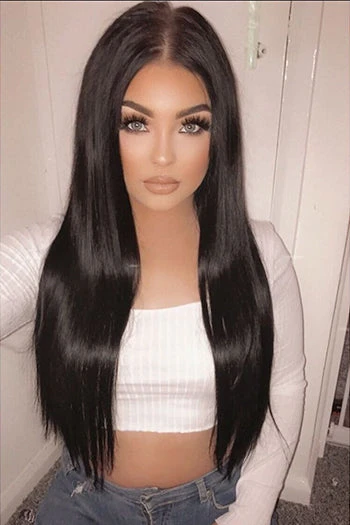 Jet Black (#1) Double Wefted Full Head Clip In Hair Extensions - Image 2