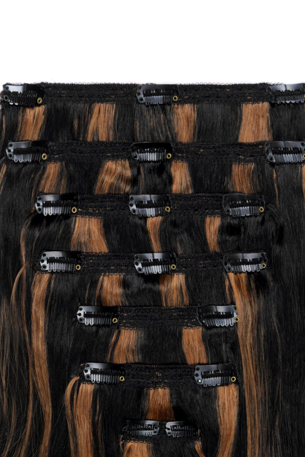 Double Wefted Full Head Remy Clip In Human Hair Extensions - Natural Black/Auburn Mix (#1B/30) - Image 2