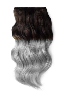 Double Wefted Full Head Remy Clip In Human Hair Extensions - Dark Brown/Silver Ombre (#T2/SG)