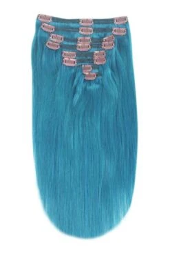 Full Head Remy Clip In Human Hair Extensions - Turquoise