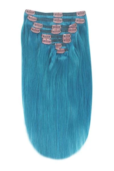 Full Head Remy Clip In Human Hair Extensions - Turquoise